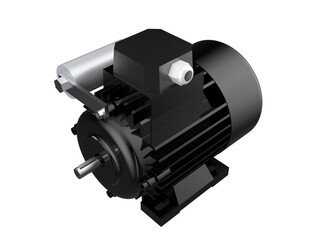 Durable Black Industrial Electric Motor 3D Render. Isolated High-Res PNG Cutout with Silver Capacitor and Terminal Box. Ideal for Electrical Engineering, Drive Systems, Factory Automation Equipment