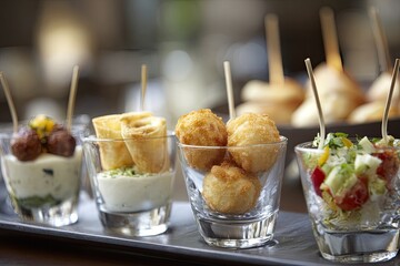 Small, assorted appetizers in shot glasses
