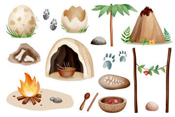 A watercolor collection of prehistoric life. Cave, pottery with food, dinosaur eggs, fossils, volcano and campfire.