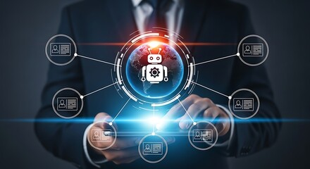 Obraz premium Modern businessman embracing AI for global networking and seamless HR management, showcasing innovative tech solutions for a connected world