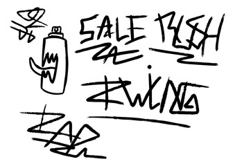 Set of various urban street art graffiti tags with a cartoon spray can character, isolated monochrome vector elements for design