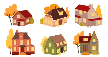 Set of six cozy autumn houses with trees and warm windows flat seasonal suburban illustration on white background