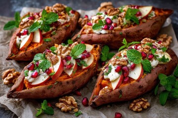 Roasted sweet potato halves topped with apples, walnuts, pomegranate seeds, and herbs