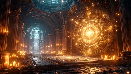 Mysterious Interior with Glowing Circle and Candles, Dramatic Atmosphere