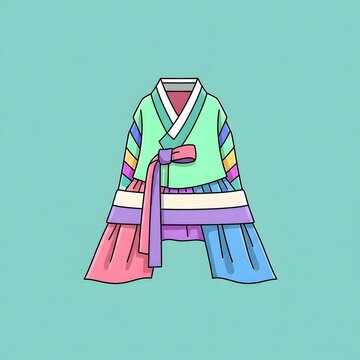 Stylized letter A formed by a colorful traditional Korean hanbok, featuring a pastel green jeogori and multi-colored chima on a teal background.