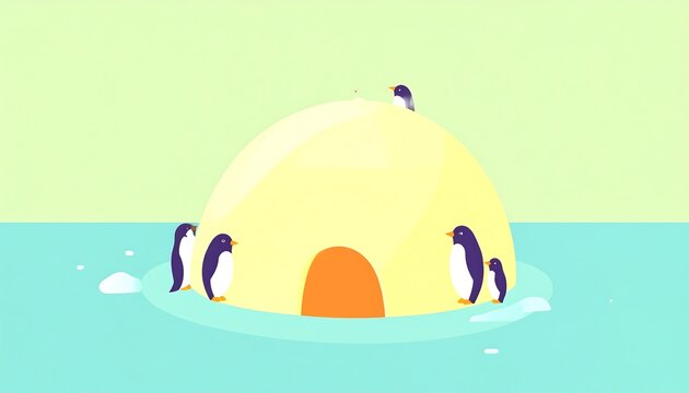 Lonely igloo isolated on melting iceberg with penguins huddling for warmth.