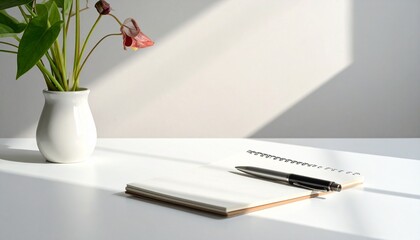 Concepto minimalista de lapicero y bloc de notas sobre mesa y fondo neutro claro