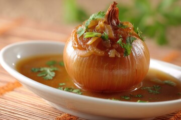 Golden onion, bathed in rich sauce, garnished with fresh herbs