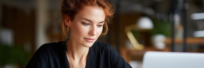 Focused young caucasian woman working on a laptop in an office setting