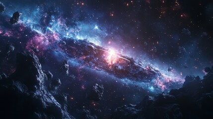 Imagine a futuristic space scene rotating cosmic structure and glowing elements illuminating the dark universe, creating a magical atmosphere that invites exploration and adventure in the vast cosmos