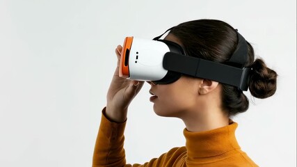Woman wearing virtual reality headset touching invisible screen, interacting with augmented reality digital world, futuristic immersive technology simulation footage. - Powered by Adobe