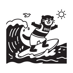A black and white line art illustration of a charming otter riding a wave on a surfboard. 