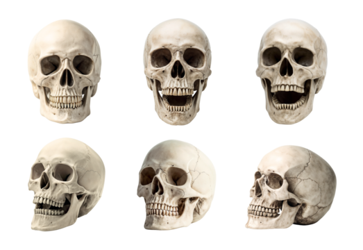 Set of isolated skulls in different positions and angles for anatomical study and designs