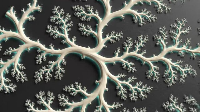 An intricate fractal pattern resembling a branching neural network or tree structure, rendered in light tones against a dark background, showcasing complex organic growth.