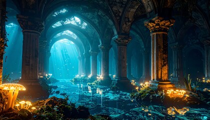 Mystical Arches and Glowing Fungi in an Underwater Grotto
