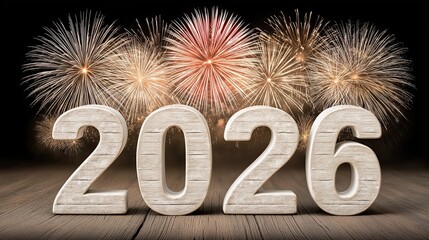 Creative 2026 numbers made of wood with fireworks exploding in the background on black