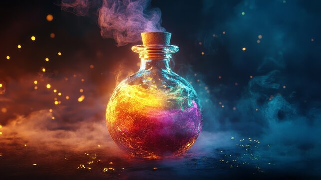 A mesmerizing potion bottle, adorned vibrant colors and swirling smoke, evokes wonder and magic, captivating anyone who sees its exquisite design and detailed artistry, making it truly unforgettable