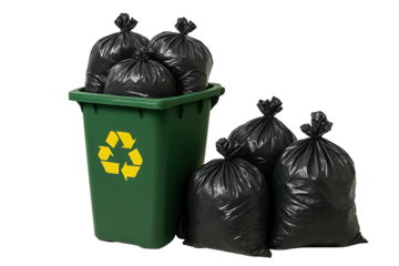 Large green recycling bin surrounded by black garbage bags on a clean surface, promoting waste management and environmental awareness