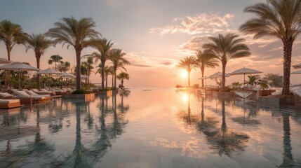 Obraz premium Relaxing sunset view over a luxurious pool surrounded by palm trees at a beachfront resort