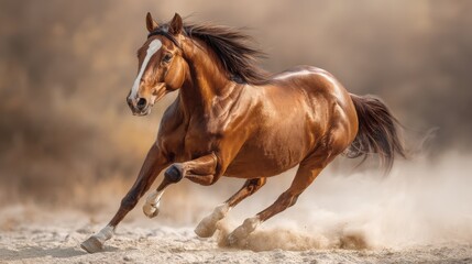 Obraz premium Brown horse galloping through sandy terrain under warm sunlight in an outdoor setting