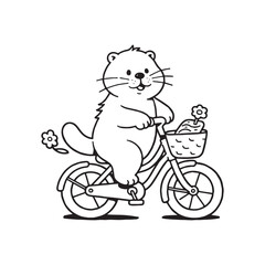 A black and white line art illustration of a cute otter riding a bicycle with a basket on the front.