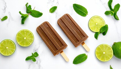 Two chocolate-brown popsicles, lime slices, and fresh mint leaves arranged on a marble surface