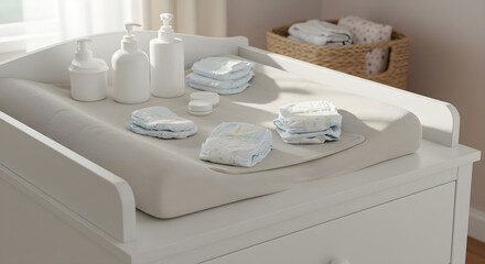 A changing table with diapers, lotions, and wipes, prepared for a baby's care.