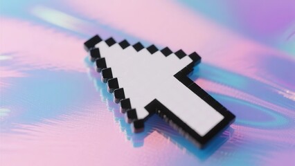 Pixelated computer cursor arrow on a colorful abstract background