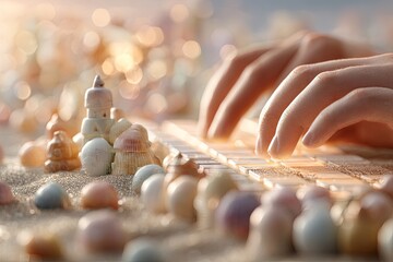 Hands Typing on Seashell Keyboard on Beach