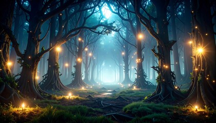Mystical Forest Path with Glowing Lights and Atmospheric Fog
