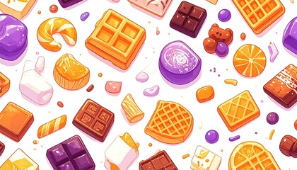 Sweet treats, waffles, and candies in a colorful pattern