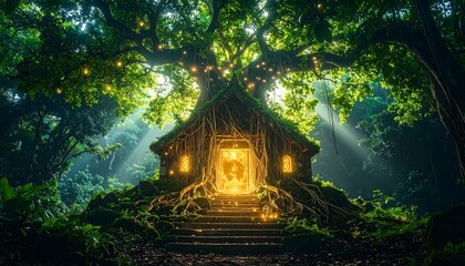 Mystical Forest Cottage Illuminated with Glowing Light Among Lush Greenery