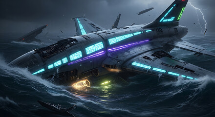 Futuristic aircraft wreckage battling turbulent ocean waves under a dark, stormy sky