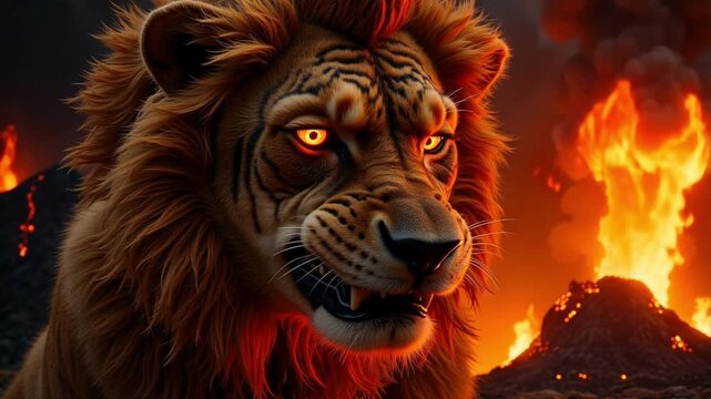 Lord Narasimha Face in Fiery Eruption 4K Video &ndash; Hindu Deity of Protection and Power, Perfect for Spiritual Content and Powerful Visuals