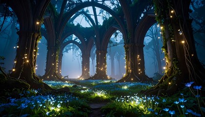 Mystical Forest Scene with Arched Pillars and Glowing Lights