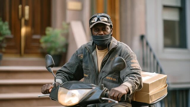 Cinematic delivery scene: A visor-clad rider parks a weathered scooter, thermal bag in tow, outside an apartment, capturing the essence of urban hustle.