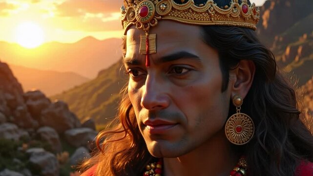 Divine Lord Rama face in glowing sunrise, a powerful Hindu deity evoking faith, spirituality, and ancient Indian culture in stunning 4K video
