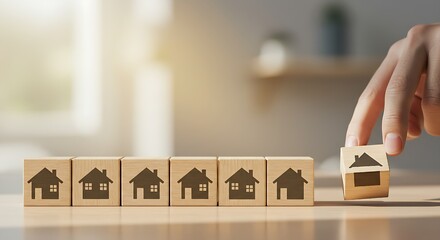 Real Estate Planning Concept with Hand Placing Wooden House Block