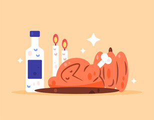 Thanksgiving celebration meal concept. illustration of roast turkey with pumpkin, candle, bottle of drink. Food and drink presentation. decoration and ornaments. Flat design style. Orange background.