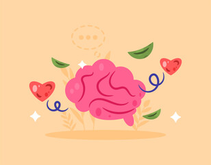 A concept of mental health and psychology. Psychological and emotional well-being. Illustration of a brain with heart and leaf symbols. Decoration and ornamentation. Flat style design. Orange