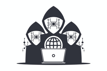 Three hooded figures show circuitlike patterns across their faces in this simple design
