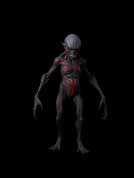 A 3D design of a mutated humanoid creature with glowing red veins on a dark body, positioned in an empty black space.