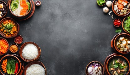 Asian cuisine bowls, dark background