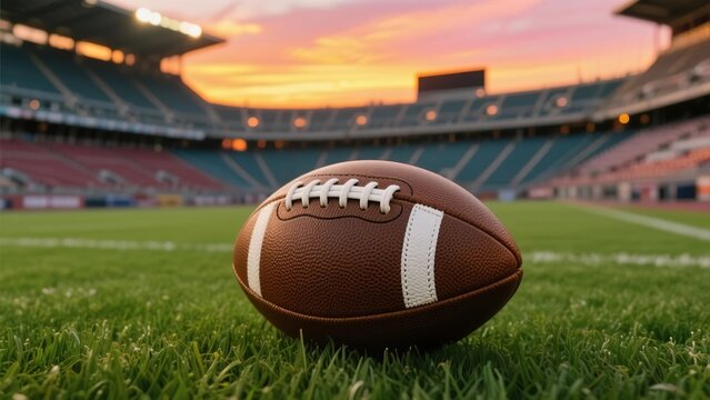 American football on a stadium field at sunset