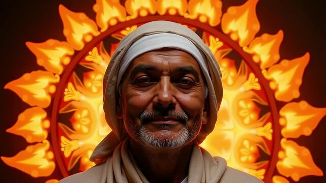 Sacred Sai Baba 4K Video: Divine Hindu Deity with Holy Flame Mandala Background for Spiritual and Meditation Practices, Perfect for Religious Content