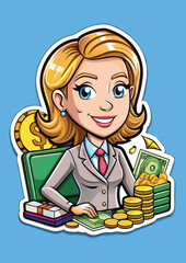 Cartoon businesswoman sitting at a desk filled with money