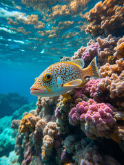 Obraz premium A juvenile Spotted Drum on a beautiful coral reef in the crystal clear waters of the Turks and Caicos islands.