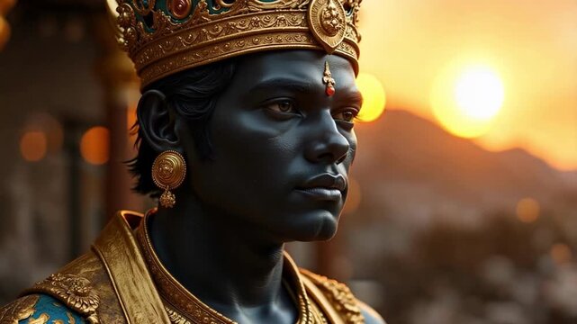 Lord Shani's divine close-up in stunning 4K video, radiating power and wisdom against an infinite, luminous horizon, inspiring faith and devotion