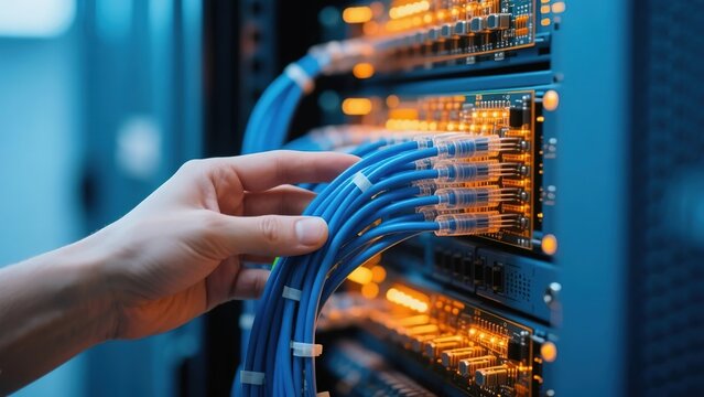 Hand connecting blue network cables to server rack in data center