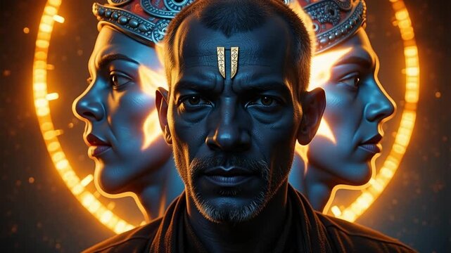Divine Lord Shani Close Up Video with Three Headed Aura Background for Spiritual Hindu Devotion and Meditation, Perfect for Religious Content